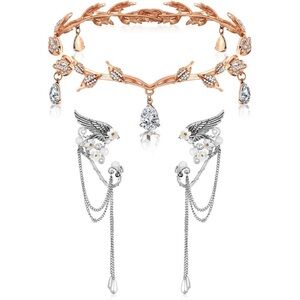Fairy Costume Crown Headpiece Elf Ears Cuffs Rhinestone Leaf Elven Tiara For✨